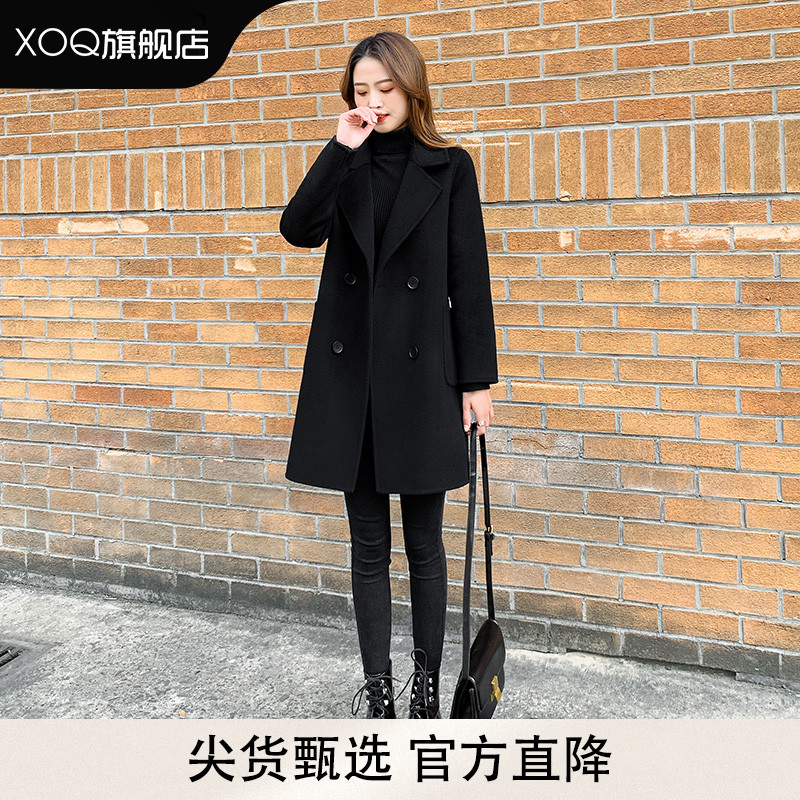 XOQ官方黑色双面羊绒大衣女中长款高端2025新款秋冬羊毛呢子外套