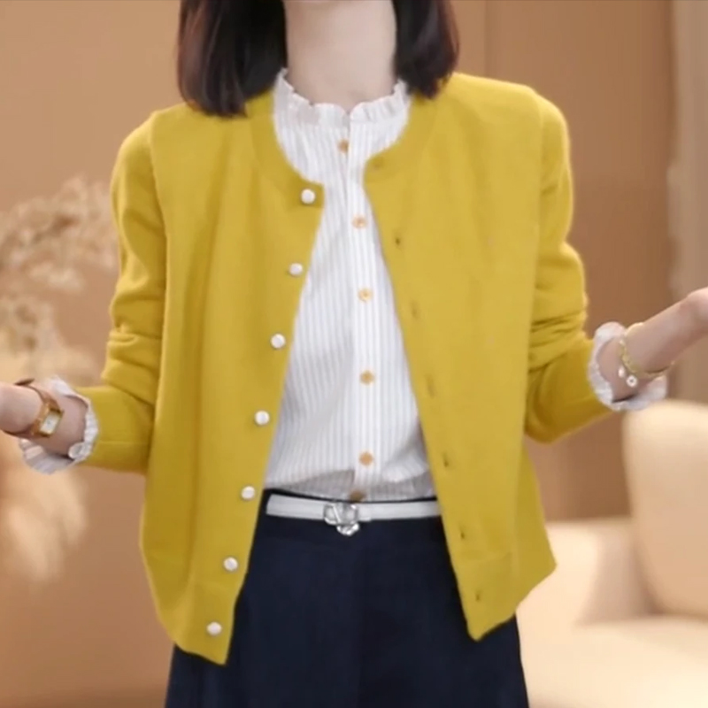 2025新款秋季休闲简约精致荷叶领假两件撞色仙女风长袖针织开衫