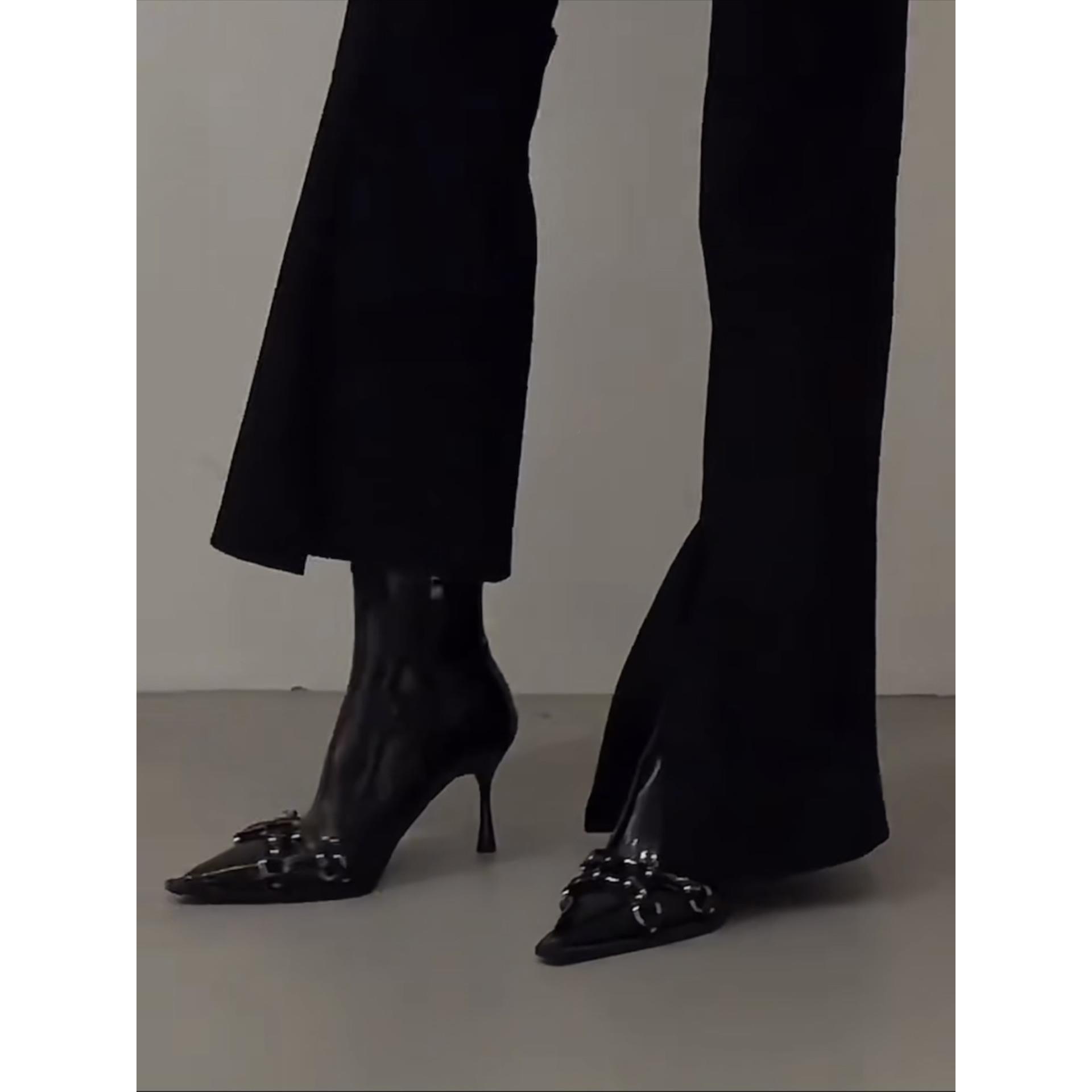 万达撤柜鹿兮 2025秋冬新款单靴黑色尖头细跟短靴女法式气质高跟