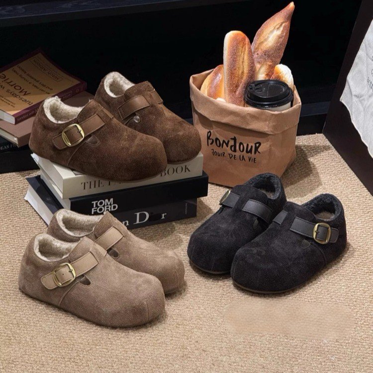 秋冬羊羔毛勃肯鞋2025新款复古内增高加绒加厚包头鞋保暖懒人棉鞋