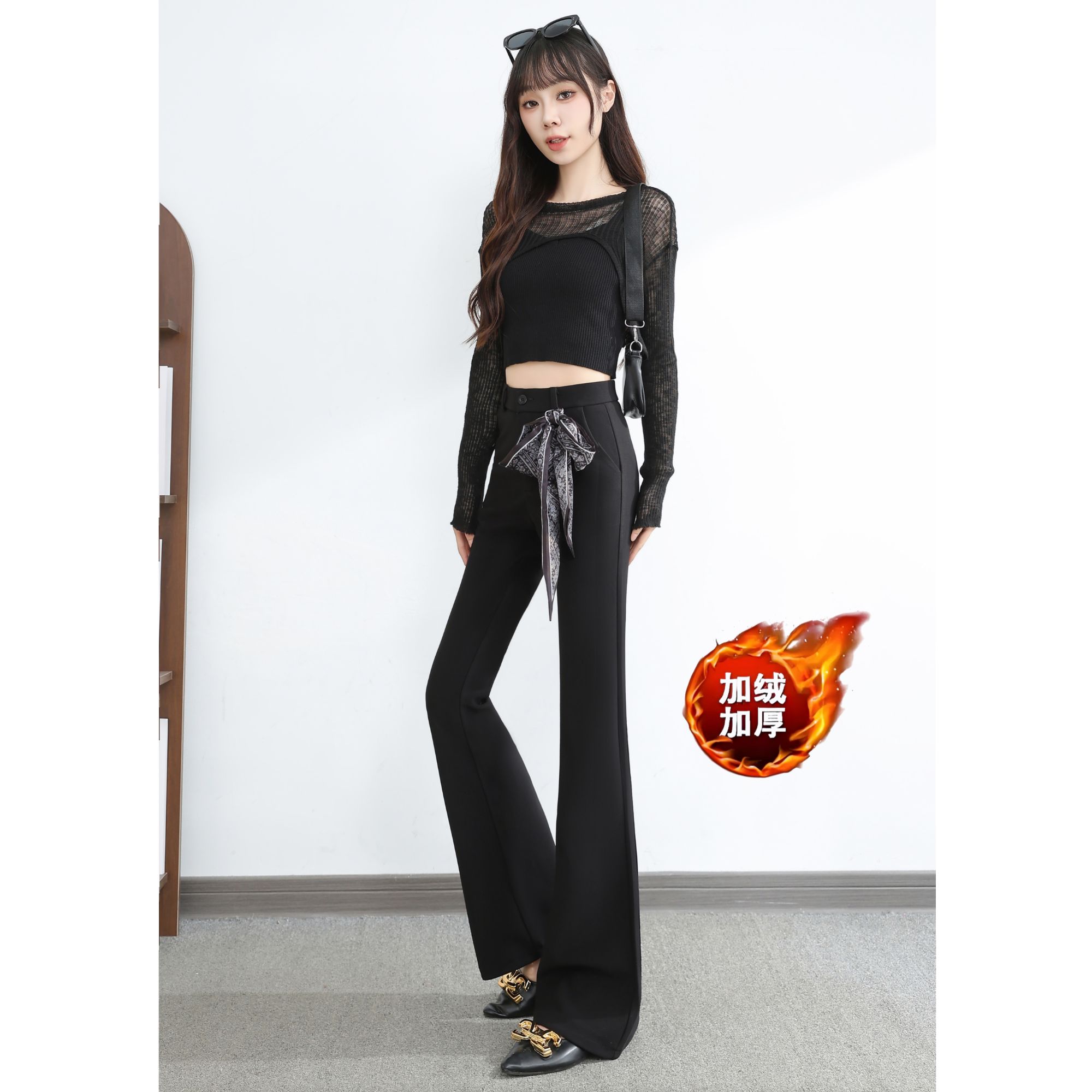 2502+轻奢丝巾正版马蹄西装裤女秋季高腰微喇裤修身垂感拖地长裤