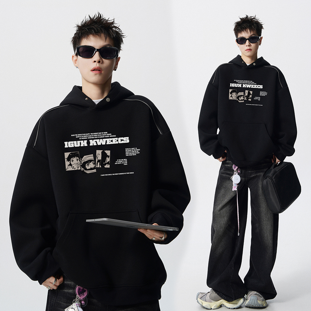 复古连帽套头美式字母加绒卫衣男设计感痞帅潮牌高街秋冬情侣嘻哈