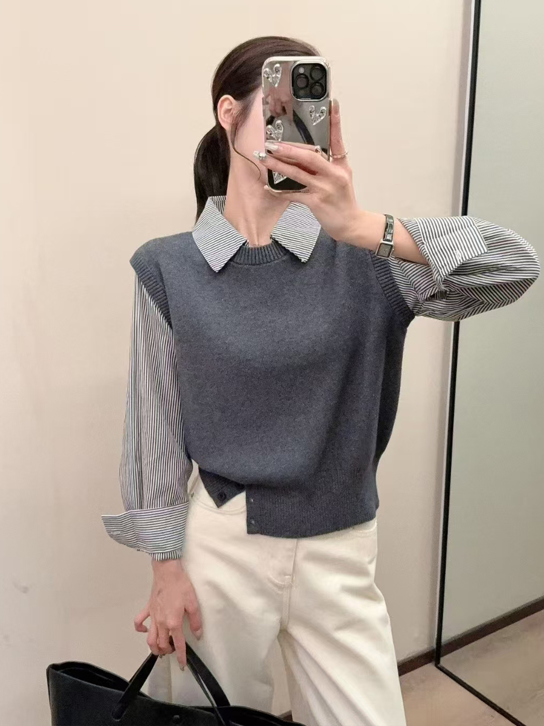 2025新款学院风假两件条纹针织衫女秋季韩系小众减龄撞色拼接上衣