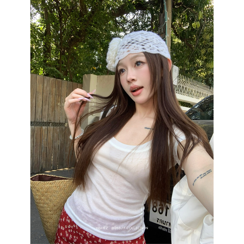 洢社长【氧气Tee】正肩大U领透感慵懒纯欲纯色上衣短袖t恤女