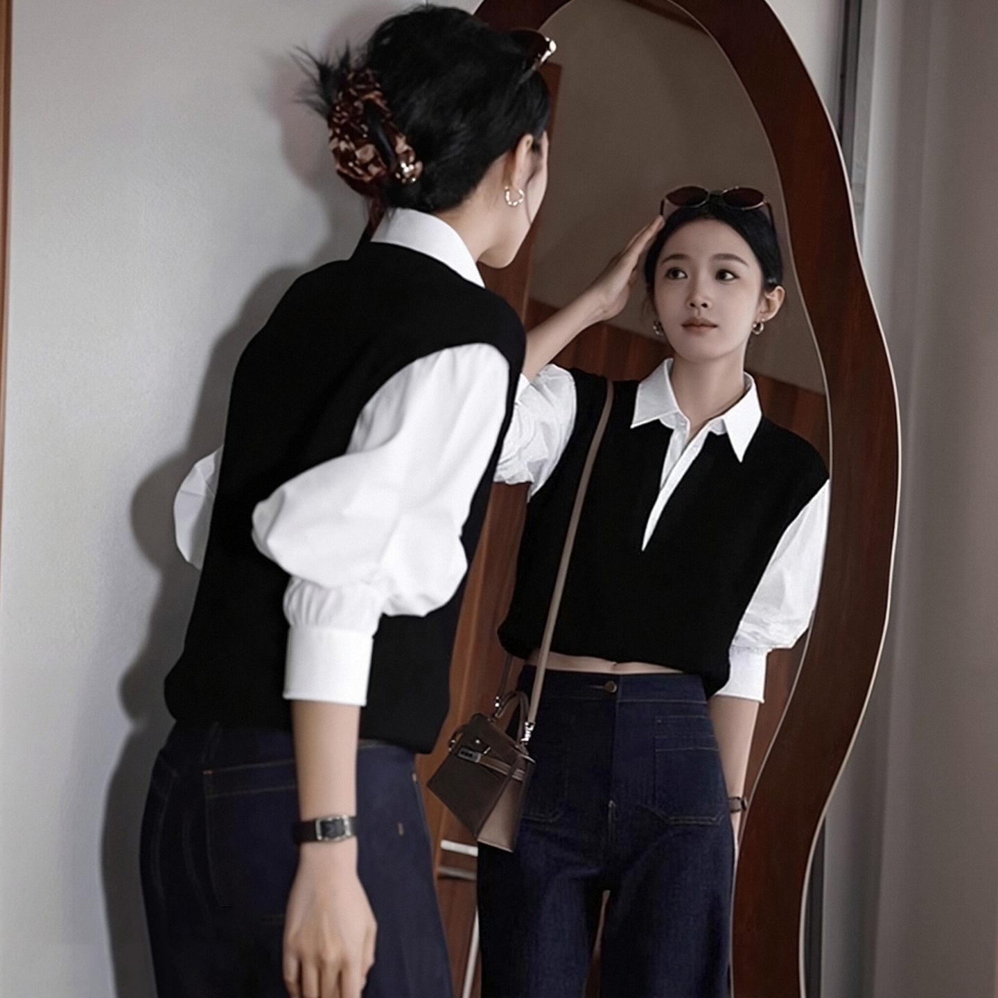 假两件撞色衬衫翻领拼接针织衫女秋冬新款独特漂亮巨好看内搭上衣