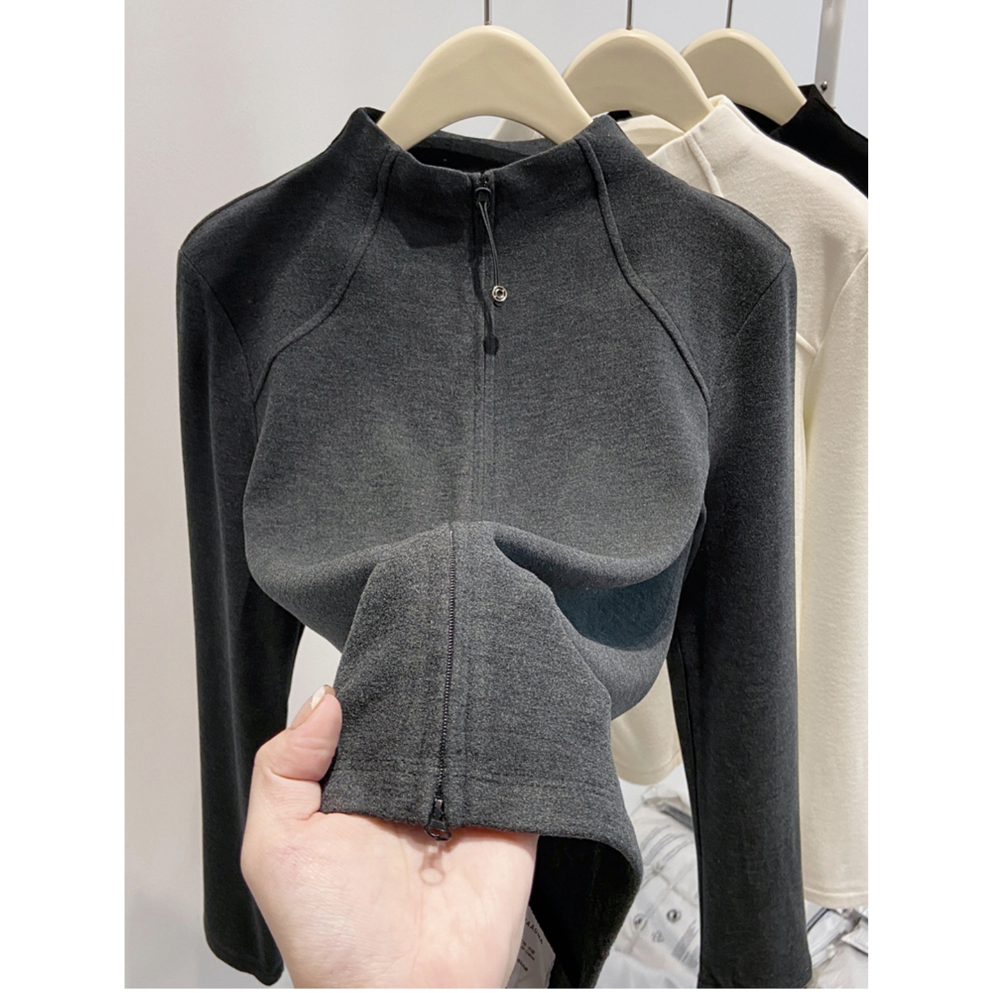 2025新款秋季半高领德绒修身双拉链开衫女秋冬打底卫衣内搭