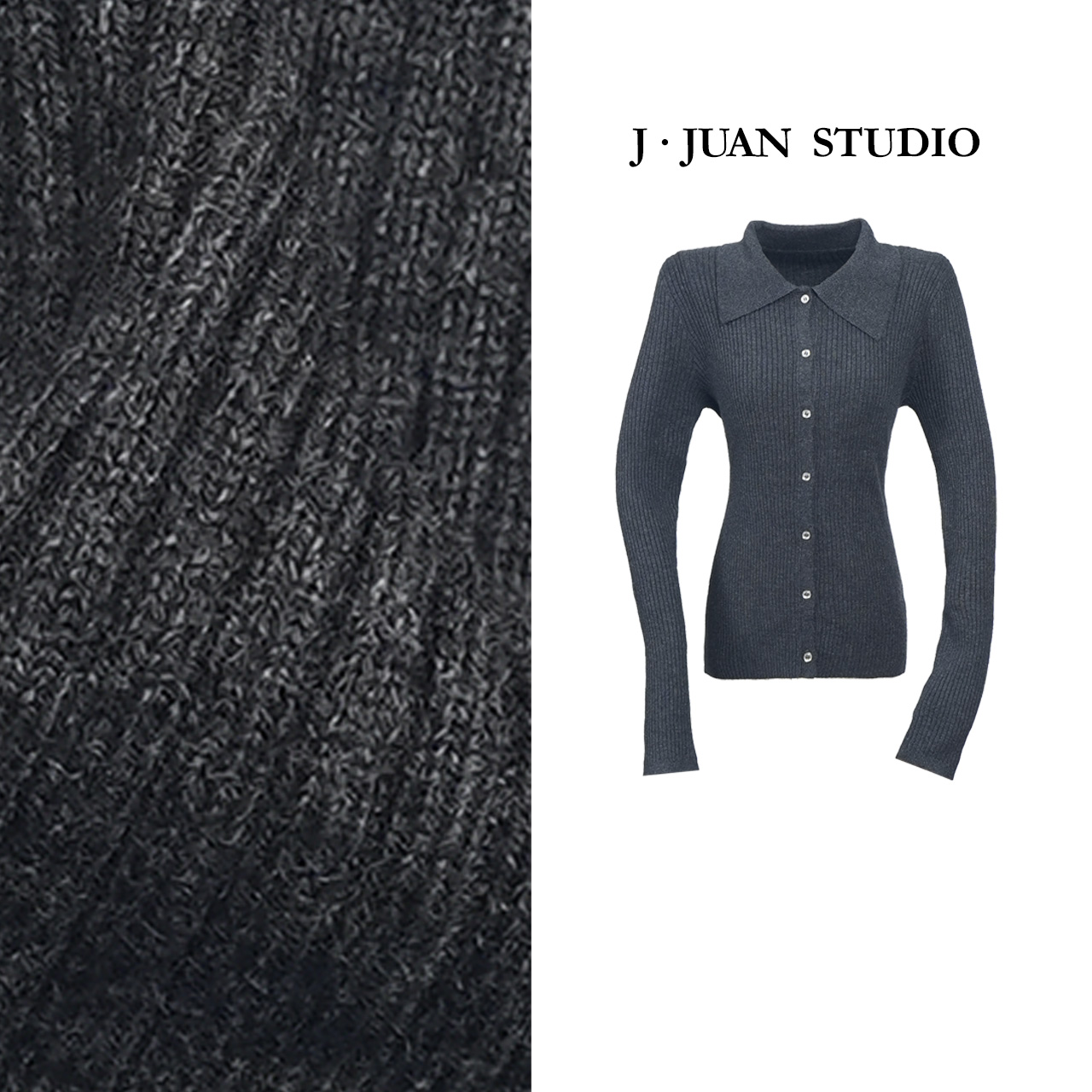 【J.Juan】老钱polo-冬季翻领羊毛毛织开衫高个子女装收身显瘦毛衣