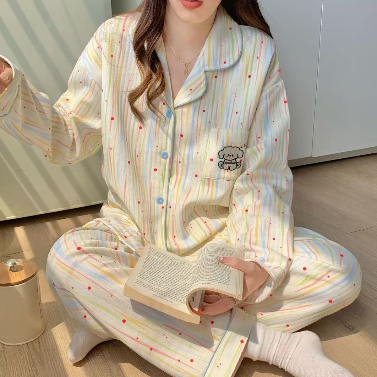 【彩条纹小狗】睡衣女秋冬季卡通新款长袖套装加厚保暖夹棉家居服