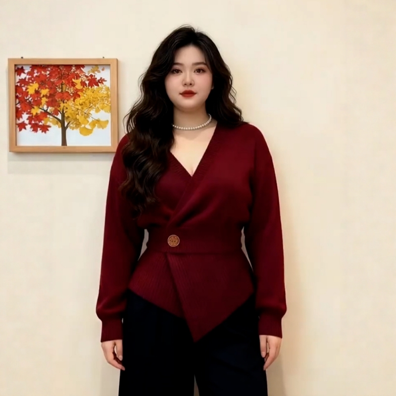 大码复古酒红色掐腰v领毛衣打底衫秋冬绝美圣诞红显白针织衫上衣