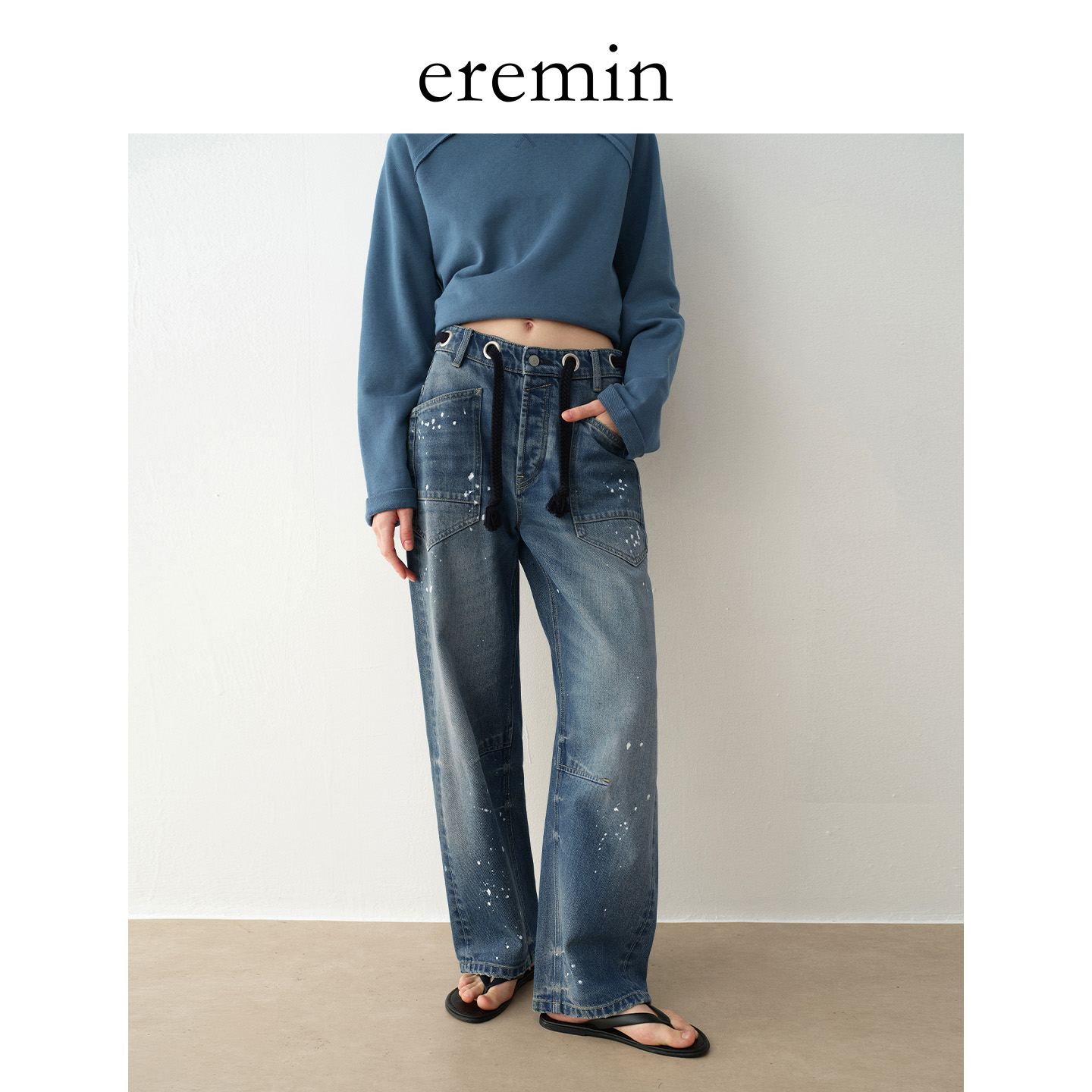 DE Mincollection油漆裤/解构做旧洗水漆点大口袋抽绳牛仔裤55652