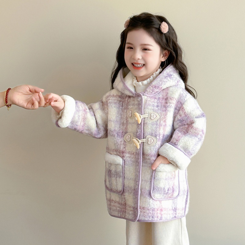 女童秋冬外套连帽新款儿童洋气加绒呢子冬装女宝宝格子毛呢大衣