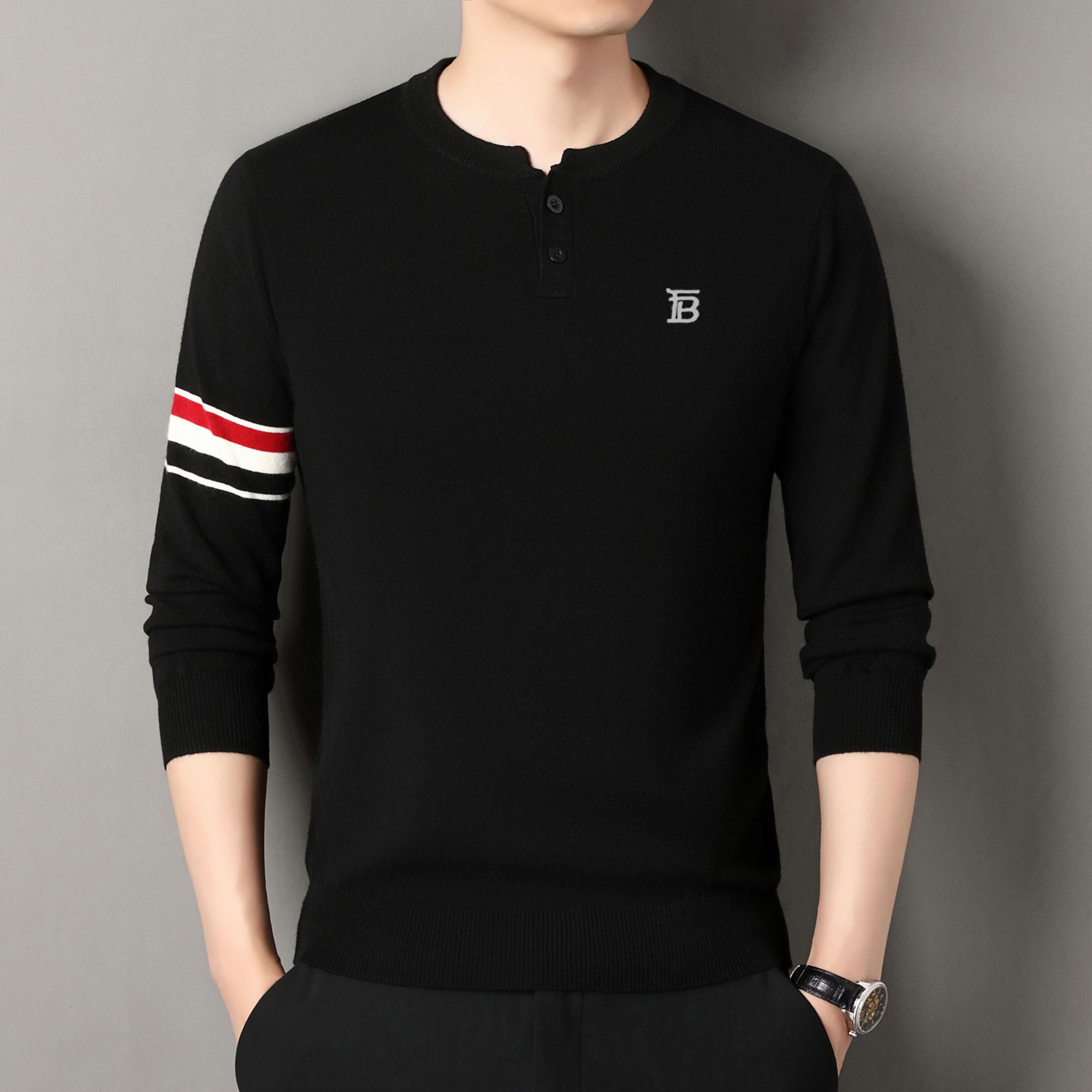 【专柜正品】冬季潮流轻奢圆领毛衣加厚长袖刺绣条纹百搭羊毛针织衫