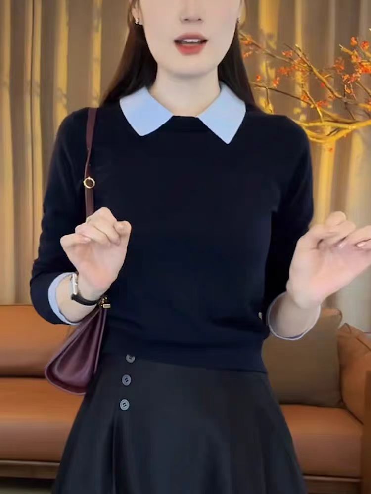 时尚撞色长袖polo针织衫女秋季薄款内搭打底宽松显瘦减龄气质上衣