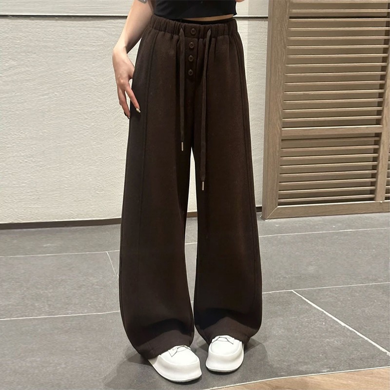 设计感四粒扣阔腿卫裤女2025秋冬新款宽松垂感休闲直筒抽绳长裤子