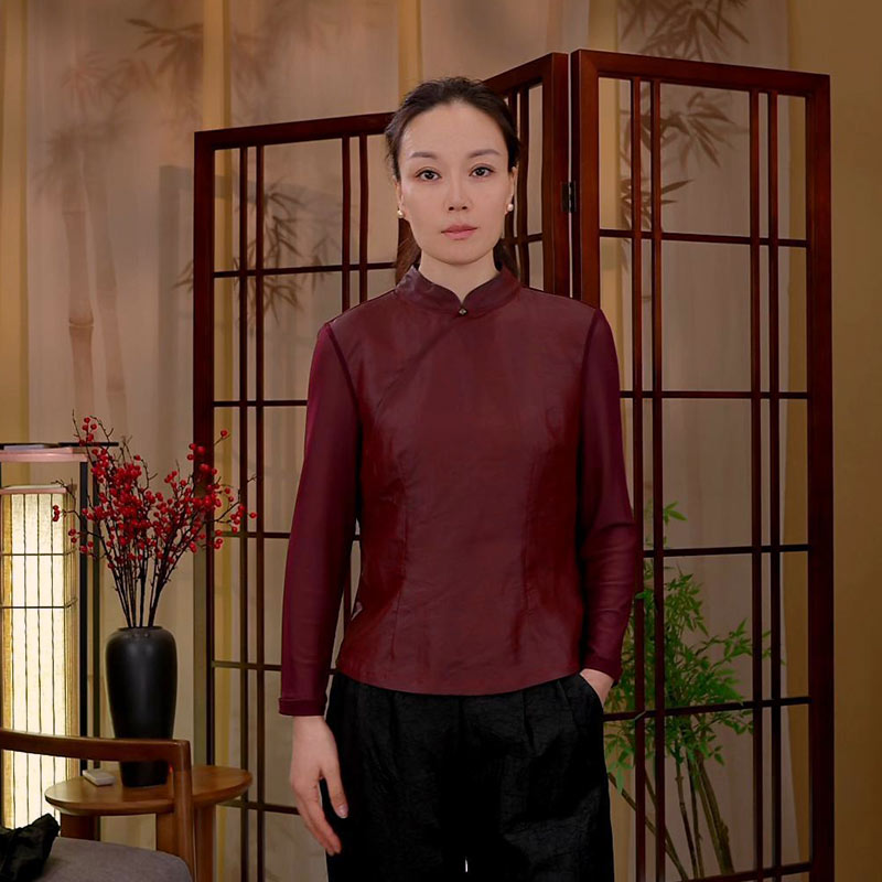 【阿邦香云纱】100%桑蚕丝半高领上衣休闲女装新中式立领长袖打底衫