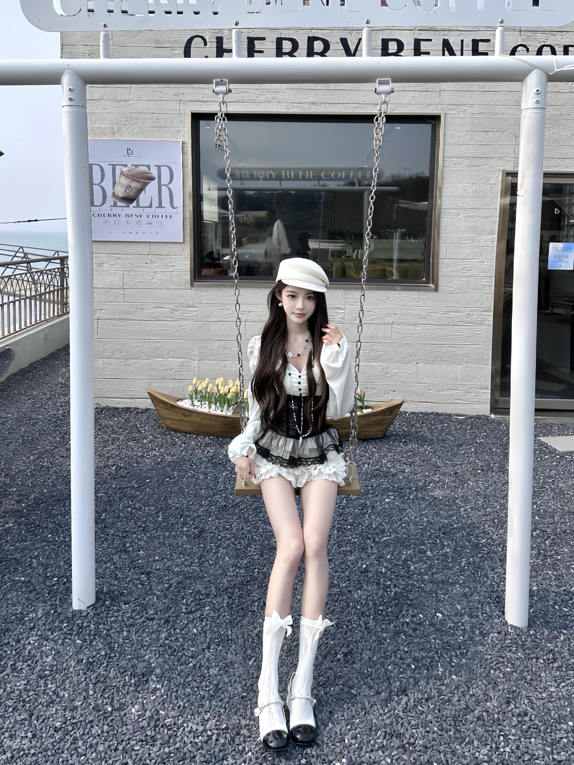 拜占庭 宫廷风复古性感辣妹V领上衣+蛋糕半裙+鱼骨蕾丝腰封三件套