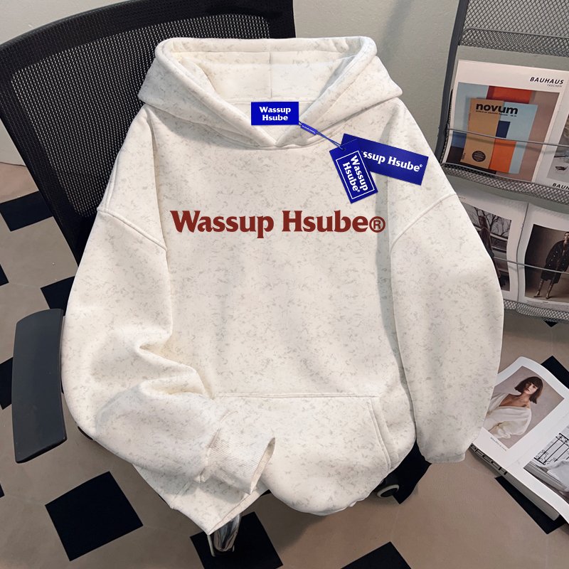 WASSUP HSUBE英文印花潮牌美式复古连帽卫衣秋冬新款男女情侣上衣