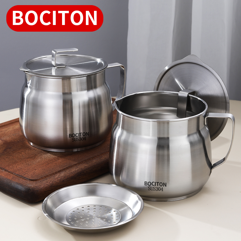 不锈钢油壶带过滤网带盖把手锅家用耐高温储油壶1.5L