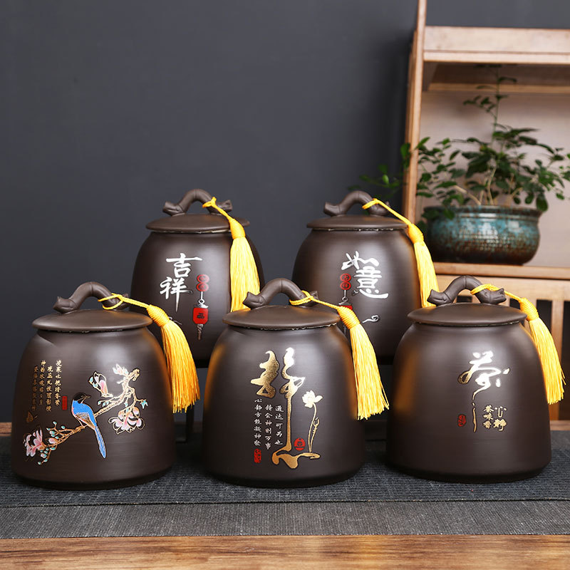 新款紫砂茶叶罐大号一斤装陶瓷密封罐复古防潮罐红茶绿茶龙井普洱