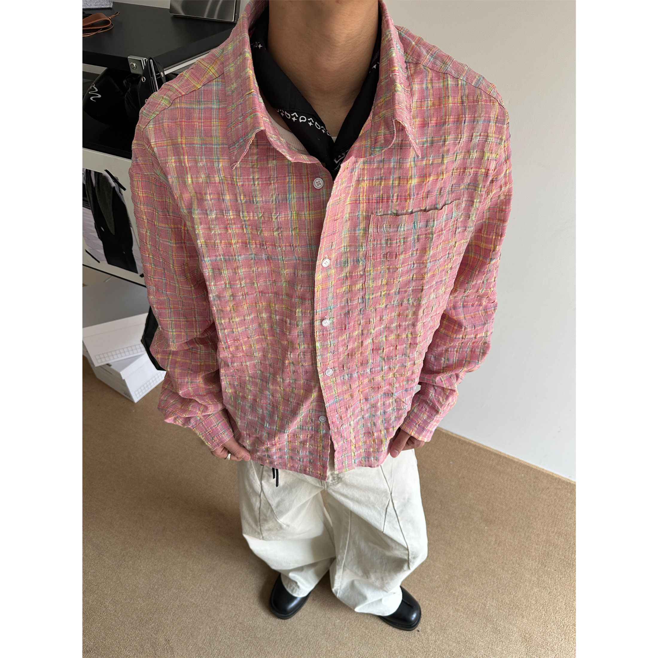 CZ2秋季复古肌理感泡泡长袖衬衫多巴胺撞色宽松上衣休闲格纹衬衣