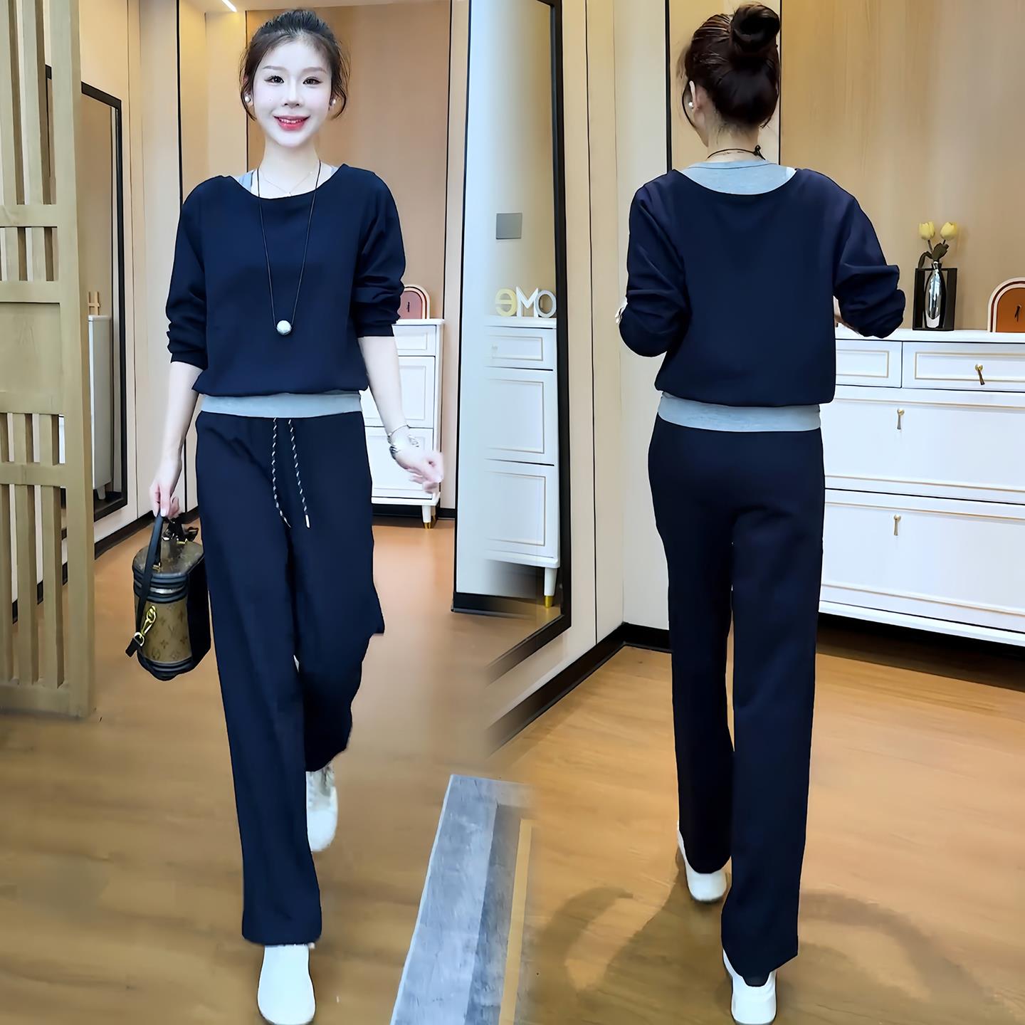 休闲运动套装女2025春秋新款洋气显瘦拼接假两件卫衣阔腿裤两件套