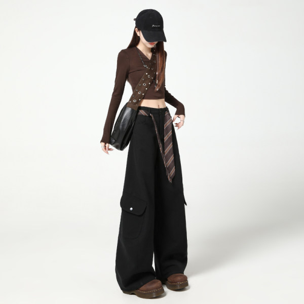 秋季新款美式复古宽松弯刀阔腿工装裤女高腰休闲百搭长裤子