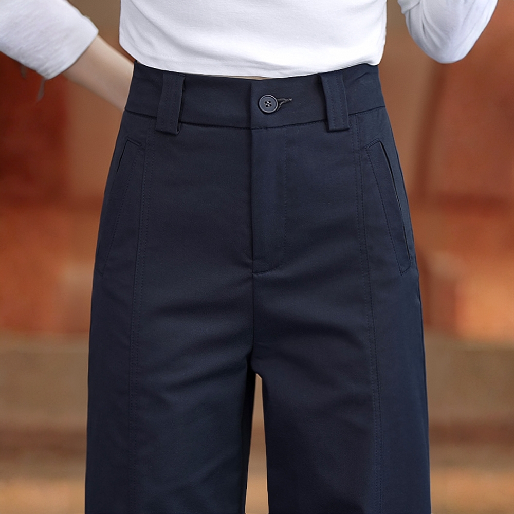 藏青色九分休闲裤女2025秋季新款高腰显瘦宽松垂感窄版阔腿直筒裤