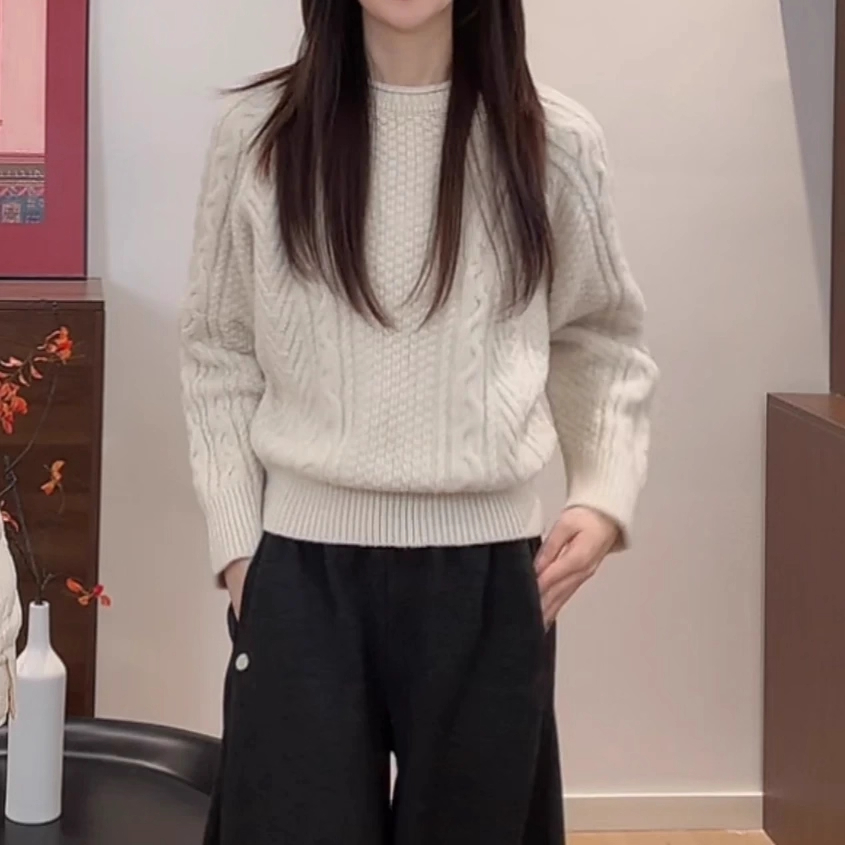 圆领慵懒风长袖百搭加厚针织衫毛衣冬季新款修身套头麻花保暖上衣