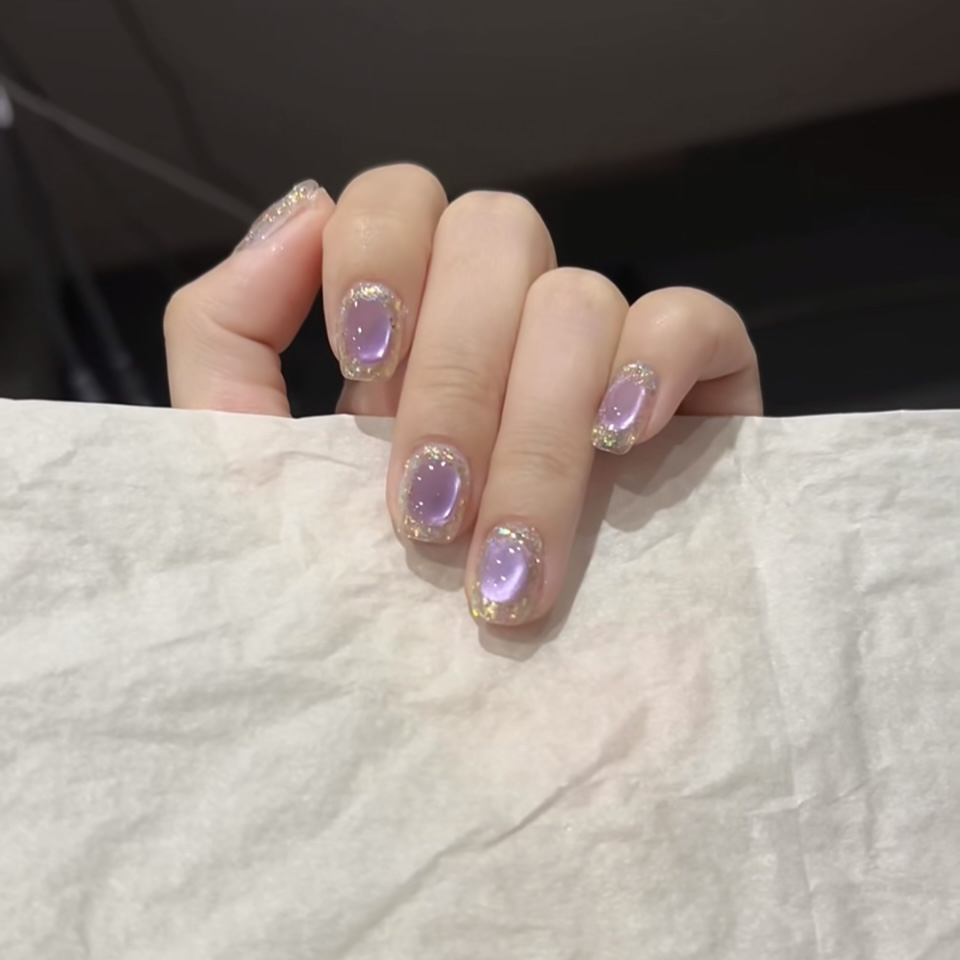 【紫琉璃】玻璃珠新款夏季手工穿戴甲显白高级短款爆闪时尚美甲片贴