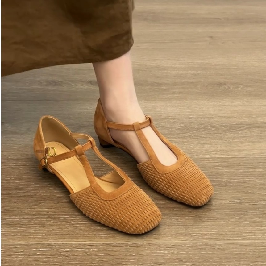 羊皮版！包头方头复古编织罗马凉鞋女玛丽珍中空一字扣带粗跟单鞋