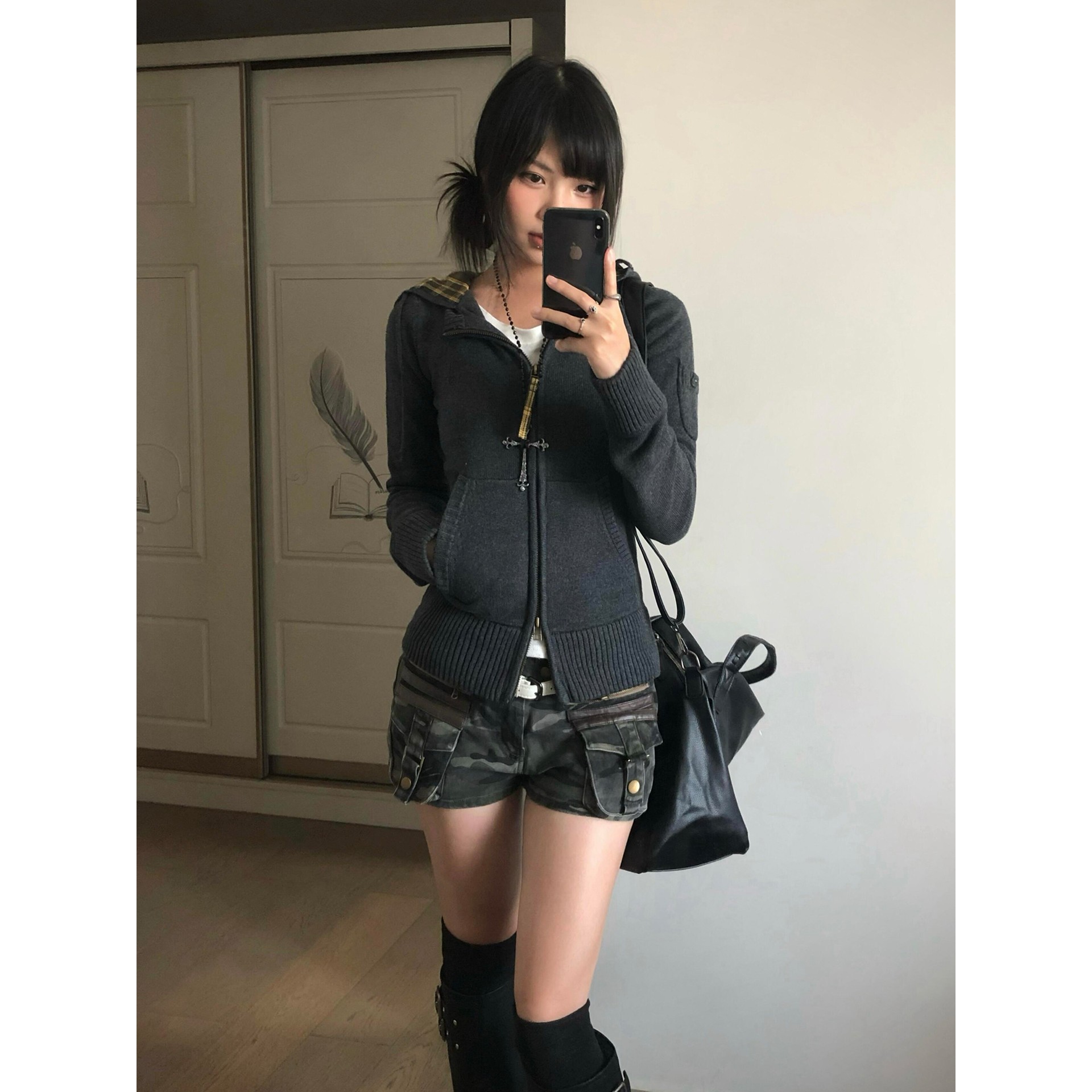美式复古连帽针织开衫女早秋穿搭新款格纹毛衣外套修身古早感上衣
