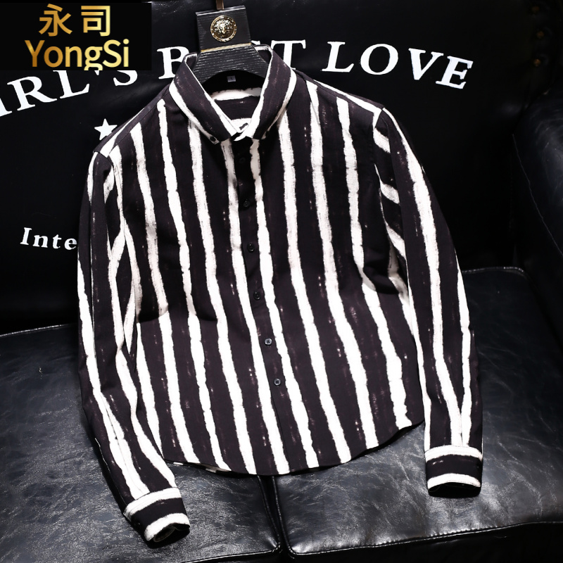 男士长袖修身条纹衬衫韩版休闲商务高端痞帅撞色秋冬新款寸衣潮