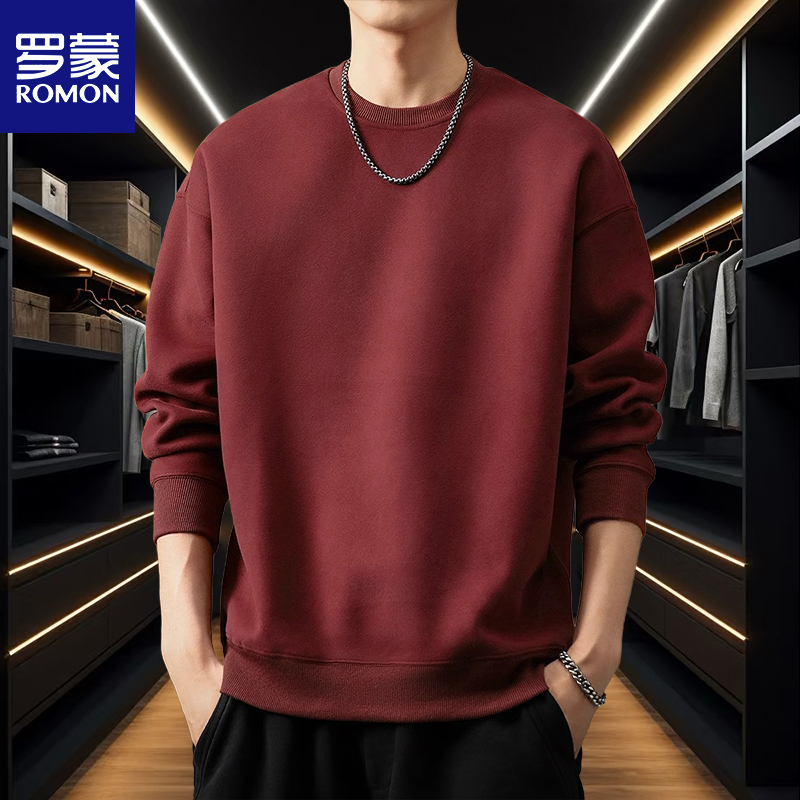 罗蒙高端重磅枣红色美式复古卫衣男秋冬加绒潮牌宽松舒适男士上衣