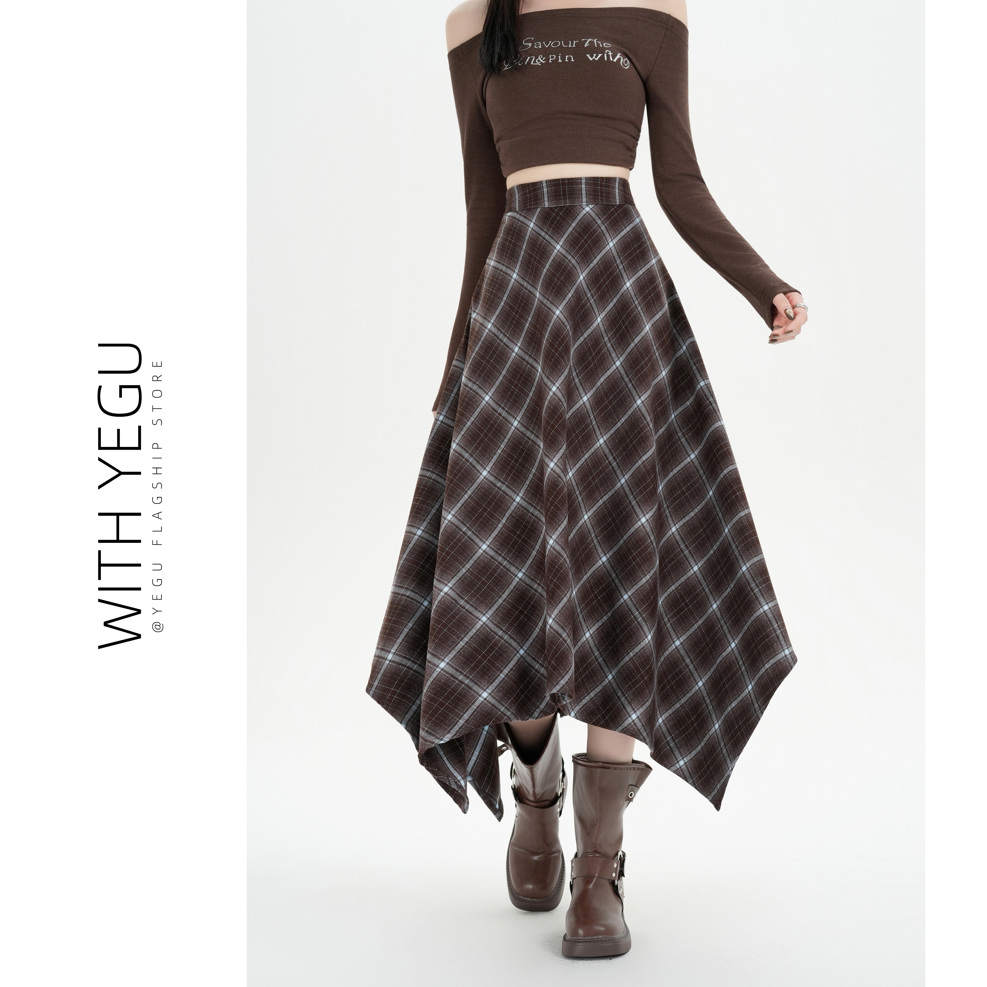 美拉德咖色格子半身裙女春秋冬不规则裙摆大摆裙中长款a字伞裙子