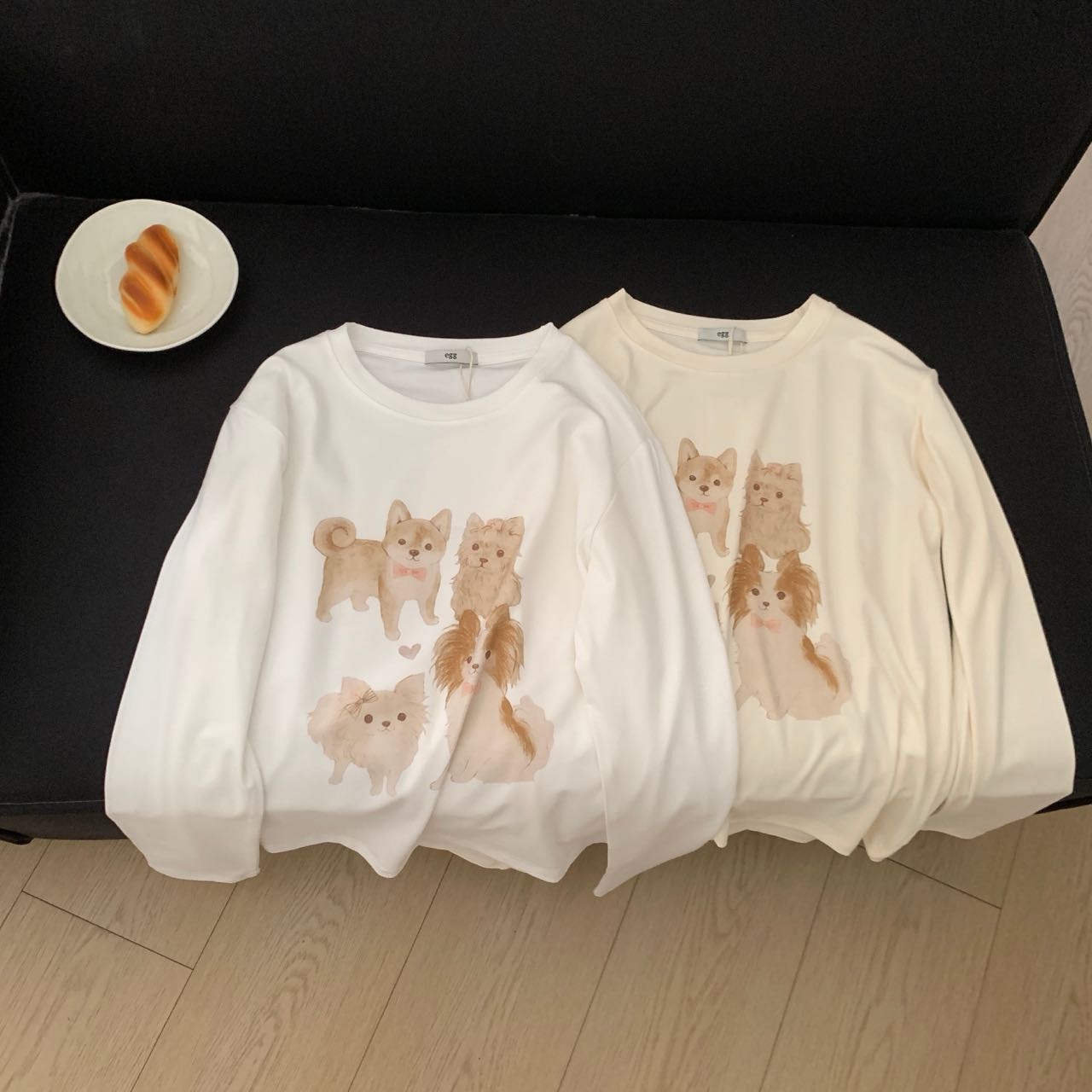 韩系杏色可爱卡通小狗印花斜肩长袖T恤女夏宽松慵懒防晒罩衫上衣