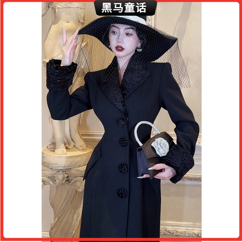 1黑色西装呢子大衣2024秋冬新款赫本收腰长款气质外套外穿I