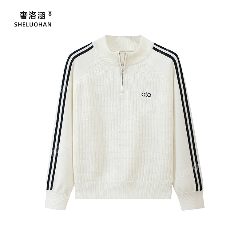 安迪绒半高领拉链加厚针织衫女秋冬字母刺绣条纹宽松百搭打底毛衣