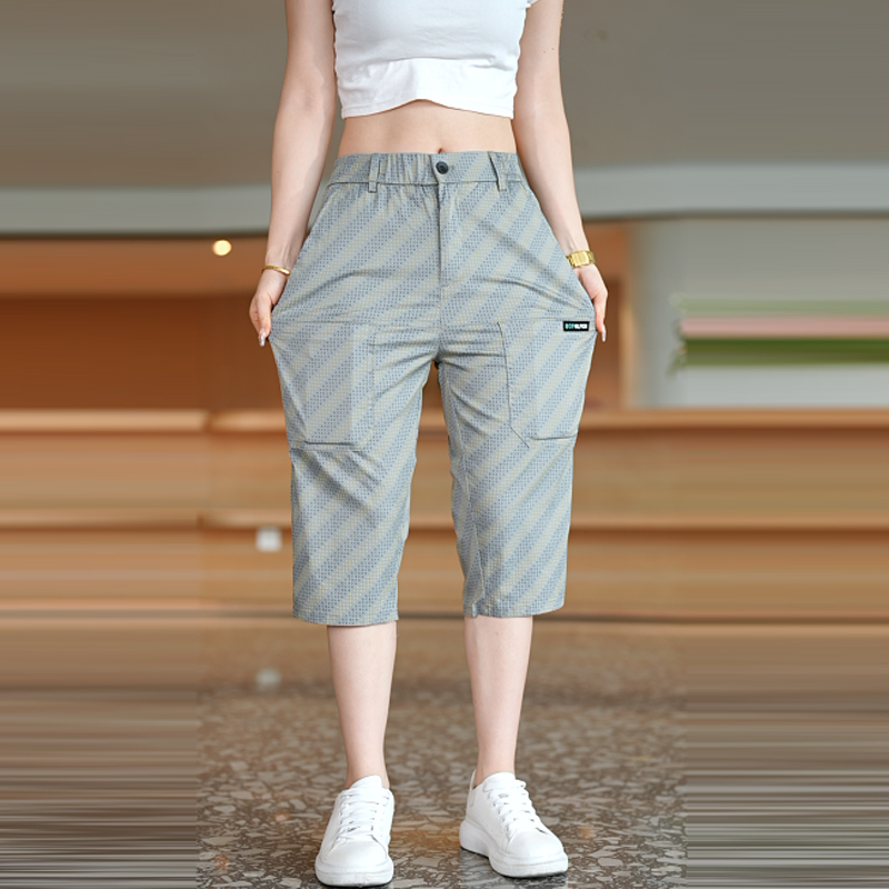 2025夏季薄款弹力修身直筒面料字母印花设计百搭六兜七分裤子中裤