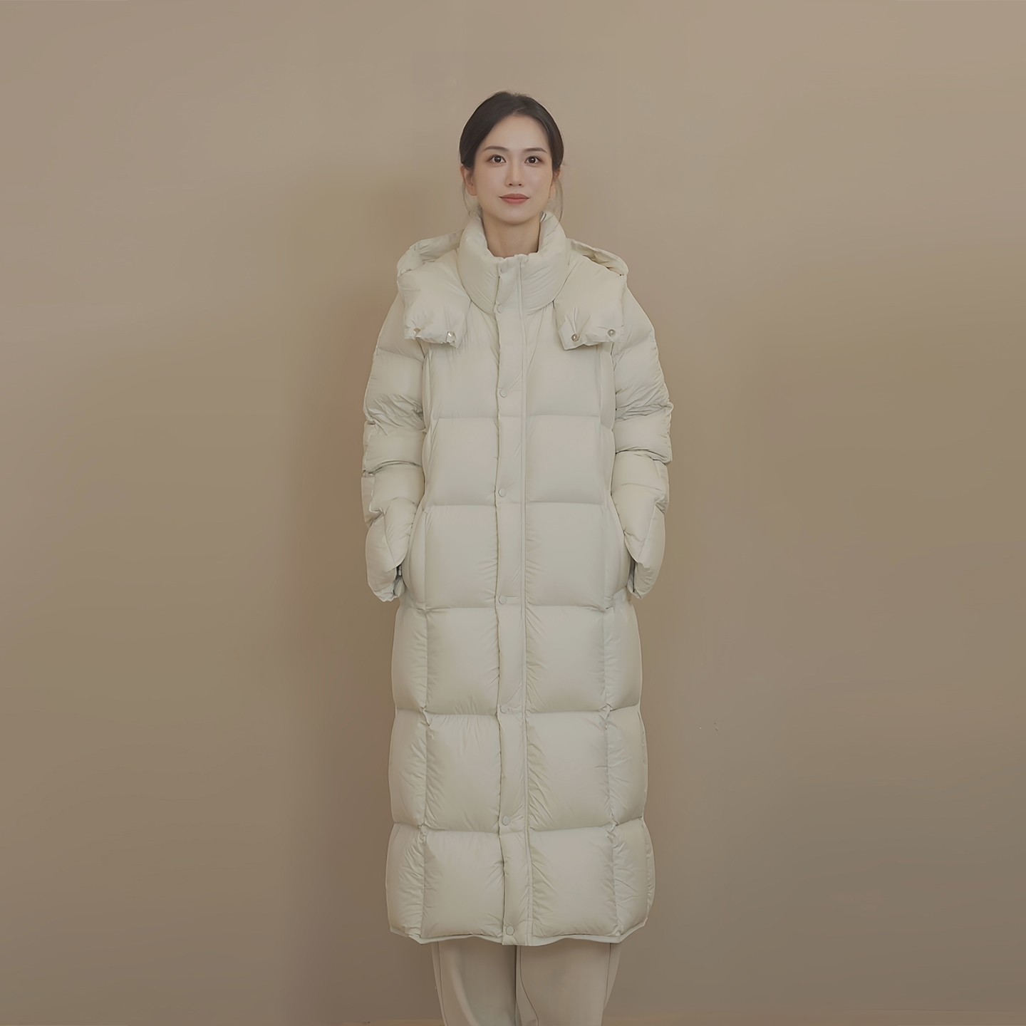 小禾【被子鹅绒】90白鹅绒方格绗线充绒防跑绒YKK拉链长款鹅绒服