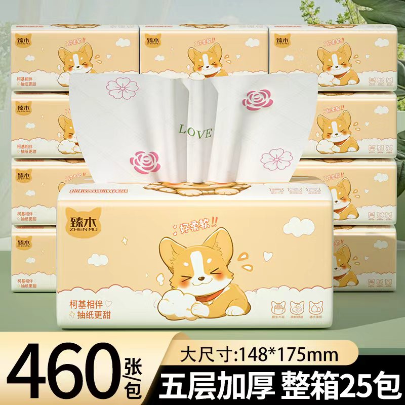 臻木柯基抽纸25包五层加厚大尺寸家用干湿两用纸巾卫生纸柔软亲肤