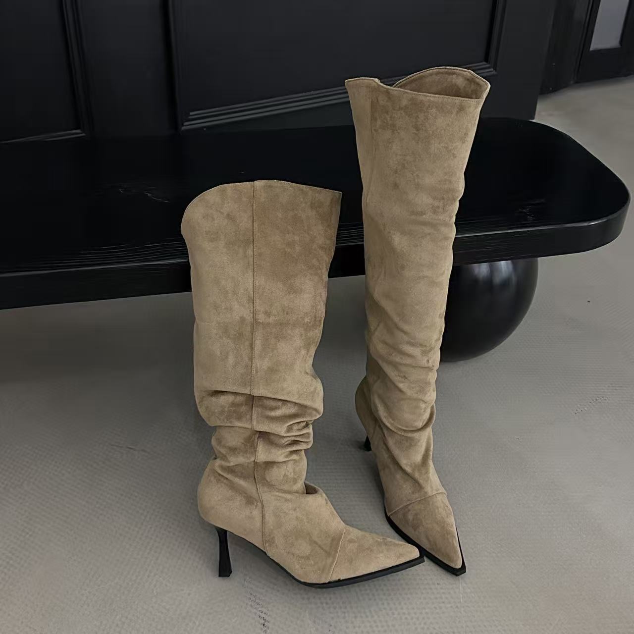 2025秋冬宽筒西部靴尖头瘦瘦靴女细跟高跟马丁靴长靴堆堆靴褶皱靴