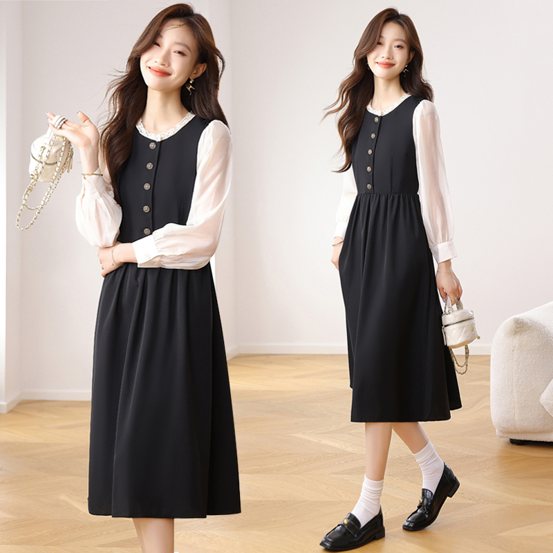 法式撞色拼接假两件连衣裙女2025春秋新款文艺气质减龄中长款裙子