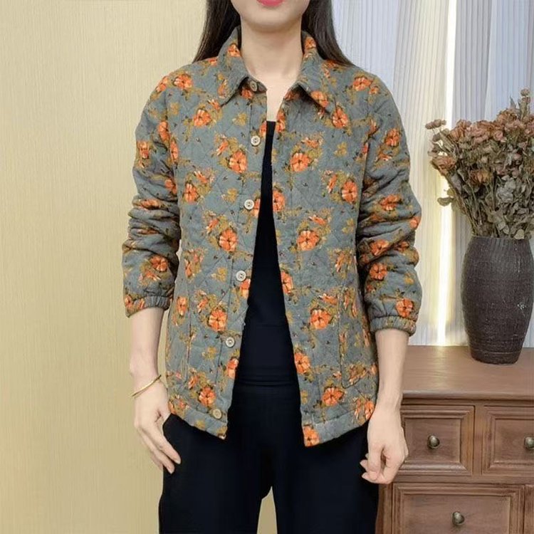 爆款2025秋季款时尚翻领印花气质妈妈装防风防寒棉服