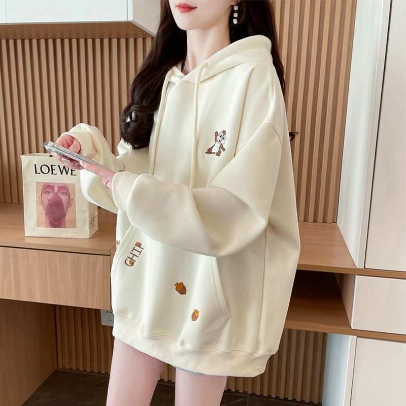 重工刺绣连帽卫衣女2025新款春秋韩版宽松大码中长款薄款学生外套