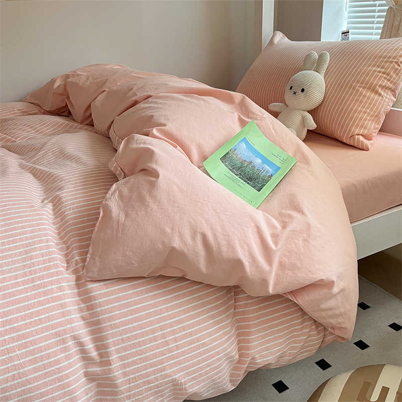 【棉织语】100%纯棉水洗棉A类四件套简约格子家用被套学生宿舍3件套