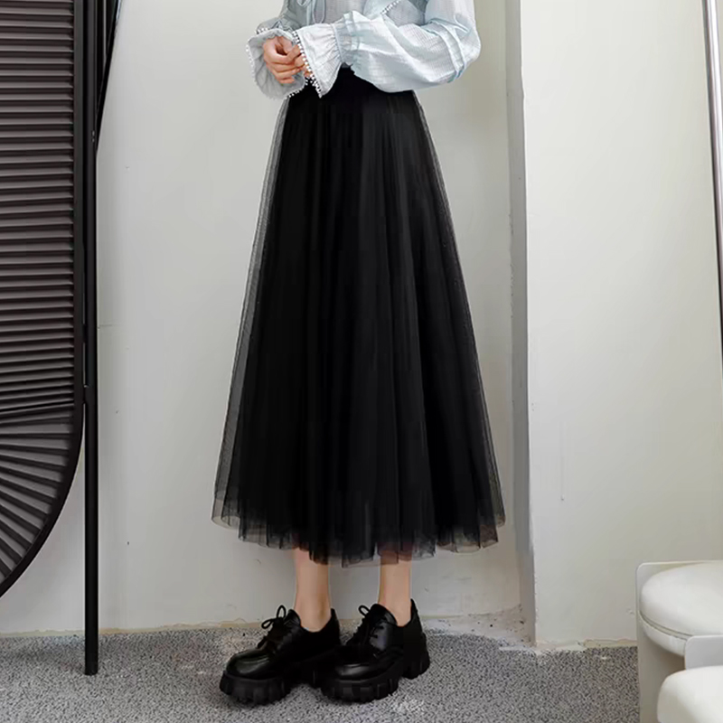 时尚大摆纱裙半身裙2025新款秋冬垂感中长款松紧腰仙女A字网纱裙