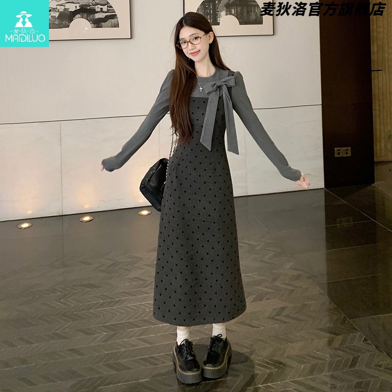 假两件波点针织背心连衣裙女春装叠穿千金风系毛呢吊带长裙子