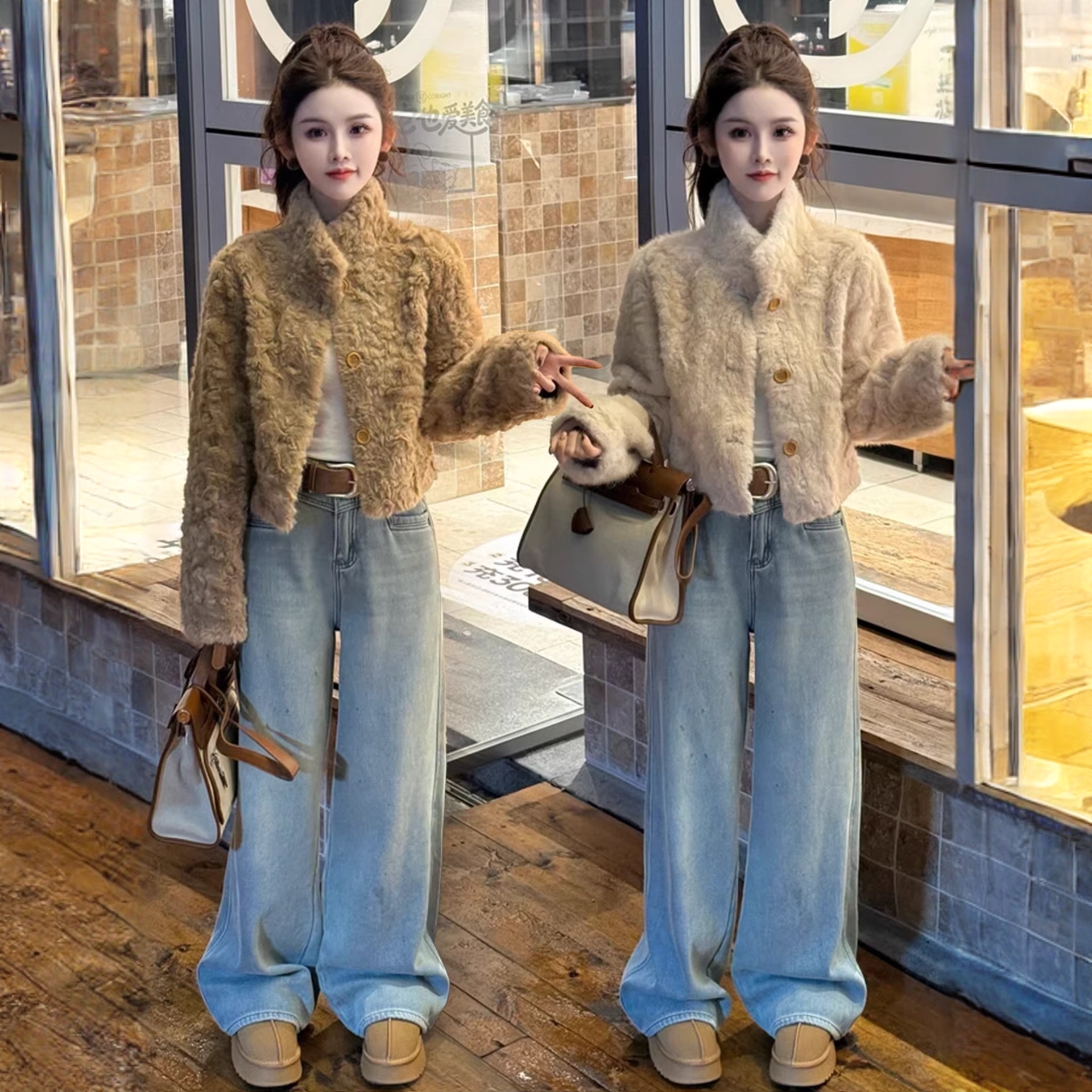 尚羊羔毛立领皮毛一体上衣2025冬季新款小个子加厚毛毛短外套女