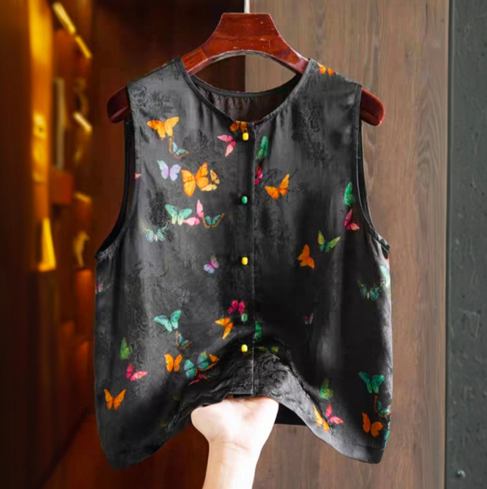 黑色时尚新中式提花马甲背心女国风蝴蝶印花叠穿上衣