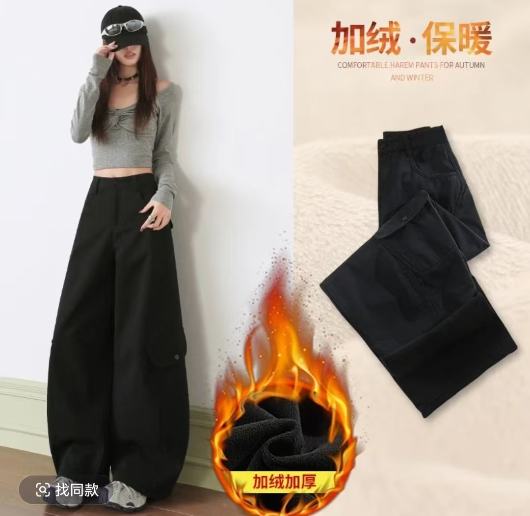 艺品兰设计感美式加绒复古辣妹弯刀裤百搭显瘦多口袋阔腿工装裤